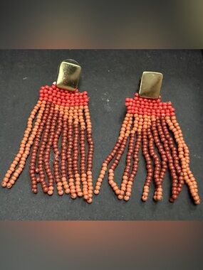 Beaded Fringe Orange Earrings in Coral and Brown